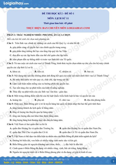 Đề thi học kì 2 Lịch sử 11 - Đề số 1